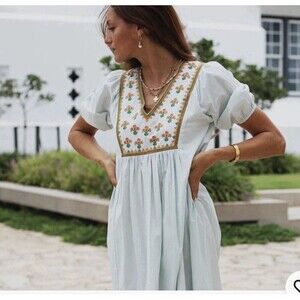 NWT Ex Voto Dress Large  Embroidered Floral Maxi Whispering Blue V-neck